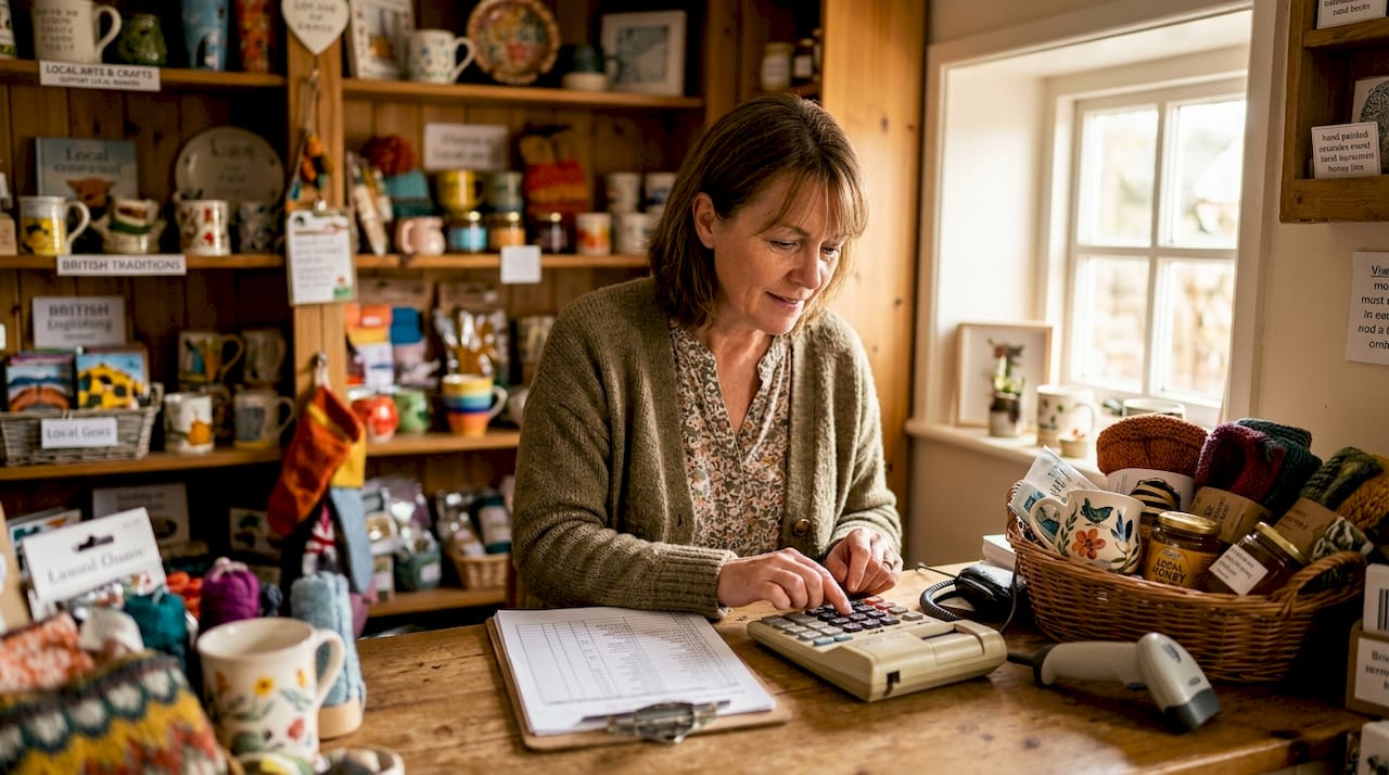 Gift shop owner reviewing inventory at counter
